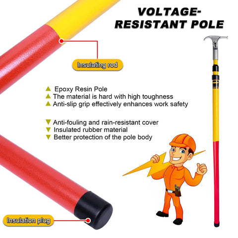 Pro Grade 13 Foot Telescopic Hot Stick With Rugged Utility Hook ASTM F711 Fiberglass Pole 35 Kv Dielectric Gear close-up of insulation and epoxy resin construction.