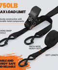 20 Ft Heavy Duty Ratchet Straps 4 Pack, 1 Inch Webbing, 1750 Lb Break Strength shown with metal ratchet and S-hooks