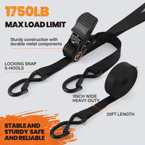 20 Ft Heavy Duty Ratchet Straps 4 Pack, 1 Inch Webbing, 1750 Lb Break Strength shown with metal ratchet and S-hooks