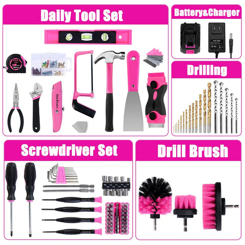 Pink 175 Piece 20V Cordless Drill Tool Set For Women with tools, charger, drill bits, screwdrivers, and brushes displayed