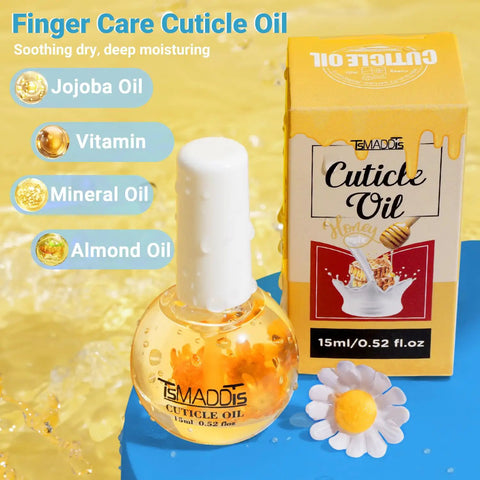 Cuticle oil bottle and box with honey, jojoba, mineral, and almond oil with yellow label, part of All In One Pro Nail Polish Remover Kit With 2 Soak Off Bowls For Gel And Dip Removal Cuticle Oil Pusher Peeler Cleaning Brush 4 Nail Files Buff Blocks And Nail Care Tools For Hands.