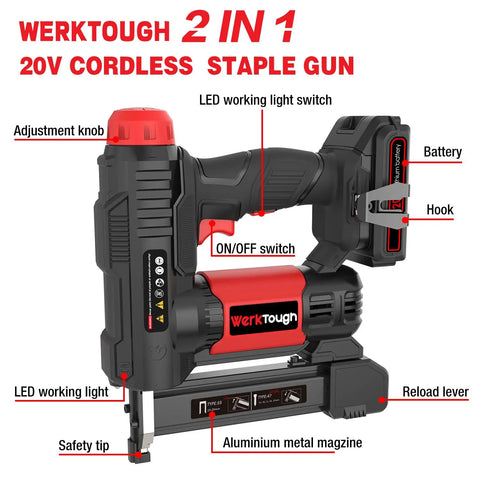 20V Cordless Staple Gun Brad Nailer 2 In 1 Aluminum Magazine With 1 Hour Fast Charger And 2000mAh Battery Includes 2000 Staples