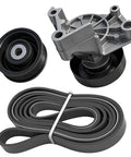 Rock Solid Accessory Drive Belt Tensioner And Idler Pulley Kit That Fits Lexus SC400 Models From Ninety Two To Ninety Seven For A Quiet Ride And Smooth Engine Performance Without Any Squealing Or Vibrations. Black serpentine belt, pulley, and tensioner assembly on white.