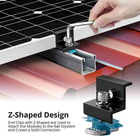 Installing 10 Piece Solar Panel Mounting Bracket Kit for Unistrut Rails Aluminum 30mm 35mm on metal roof with black end clamp
