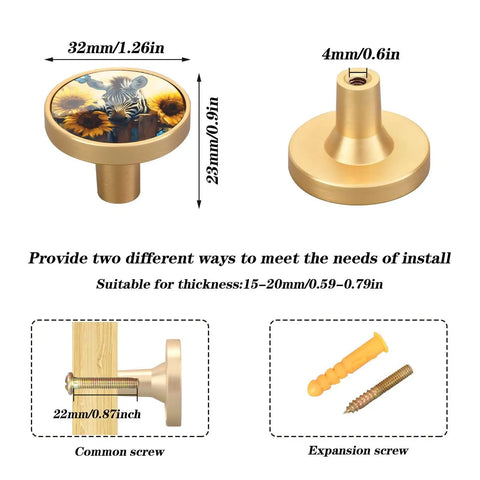 Gold Cabinet Knobs 4 Pack With Zebra Fence Sunflower Design Cool Round Pulls For Drawers Cabinets And Walls Dual Screw Mounts Scratch Resistant Gold Print Made From Acrylic And Zinc Alloy showing dimensions and installation options