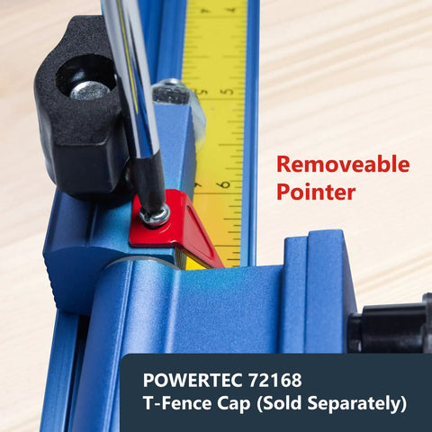 Close-up of removable pointer on Twenty Four Inch T Track Fence Cap For Miter Saws And Router Tables for accurate cuts.