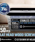 Flat head wood screws #8 x 1-5/8, 316 stainless marine grade, 150 pcs, T20 drive, FastenMon
