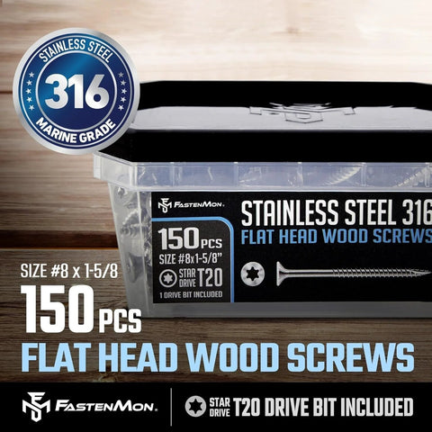 Flat head wood screws #8 x 1-5/8, 316 stainless marine grade, 150 pcs, T20 drive, FastenMon