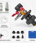 No Fuss Heavy Duty Coolant Vacuum Refill Kit With Six Durable Adapters And Tapered Cone for Car Truck Motorcycle  showing quick connectors and antifreeze recovery hose.