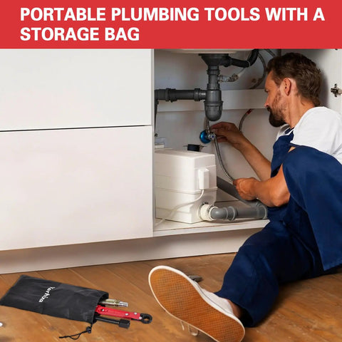 6 Piece Plumbing Tools Kit with angle stop wrench and storage bag used by plumber under sink