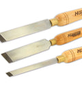 No Frills Skew Chisel Set For Woodturning Projects Built Tough With High Speed Steel Cutting Edges and Grippy Beech Handles.