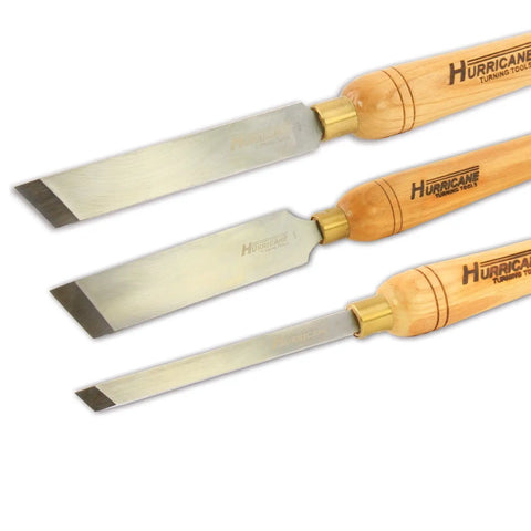 No Frills Skew Chisel Set For Woodturning Projects Built Tough With High Speed Steel Cutting Edges and Grippy Beech Handles.
