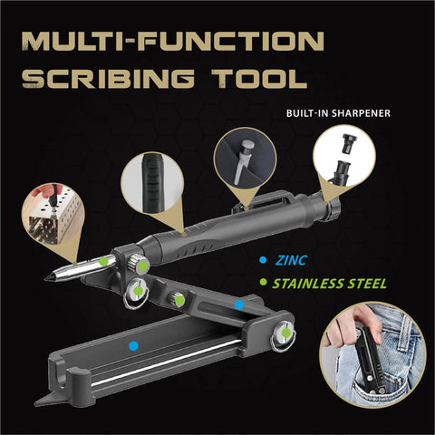 Killer Multi Function Scribing Tool And Precision Gauge With A Built In Carpenter Pencil, zinc alloy body, features built-in sharpener.