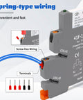 Industrial Grade 24V Relays For DIN Rail Mount showing screw-free wiring and terminal details