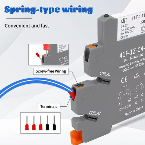 Industrial Grade 24V Relays For DIN Rail Mount showing screw-free wiring and terminal details