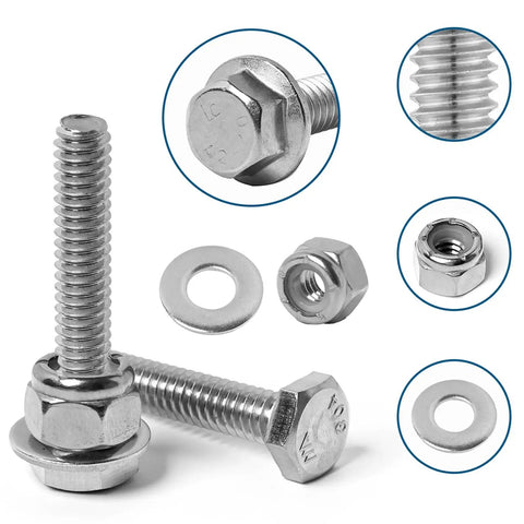 Beefy Stainless Steel 304 1/4-20 Flange Hex Bolts Kit With Nylon Insert Lock Nuts And Flat Washers In 1/2 Inch To 2 Inch Lengths For DIY Projects And Heavy Duty Equipment Fixes, bolts and washers