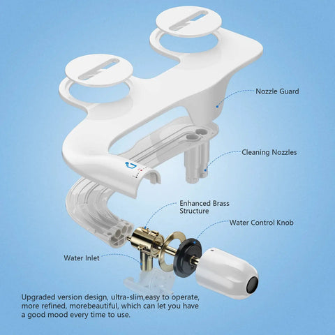 Non Electric Bidet Attachment For Toilet With Dual Nozzles, Posterior And Feminine Wash, Adjustable Water Pressure, Brass Inlet, exploded view