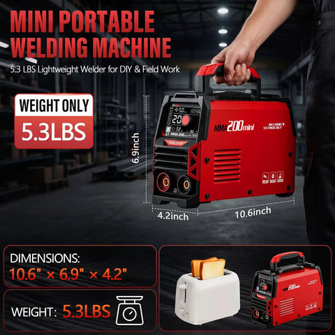 Person holding 110V Pulse Welder For DIY Pros, 20 To 200A 2 In 1 Stick And TIG, Portable Arc Welder, dimensions and weight shown