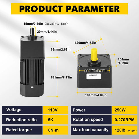 250W variable-speed motor with gearbox and bracket; black vertical motor with yellow shaft, 110V, 0-270 RPM