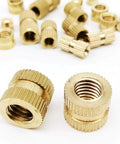 Knurled Threaded Insert Nuts In Beefy Solid Brass With Metric Threads M2 To M8 For Woodworking And Metalworking, close-up view