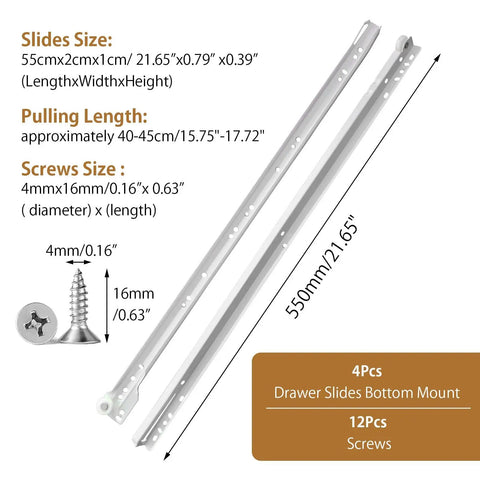 22 Inch Soft Close Drawer Slides 1 Pair Heavy Duty Side and Bottom Mount Glides for Cabinets and Dressers Replacement White 55lb Capacity With Quiet Smooth Nylon Rollers, 21.65 in