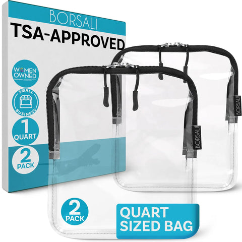 Packaging with 2-pack Airport-Ready TSA Approved Toiletry Bag For Carry-On Travel, Clear Quart Size, Durable Cosmetic Pouch with Zipper.