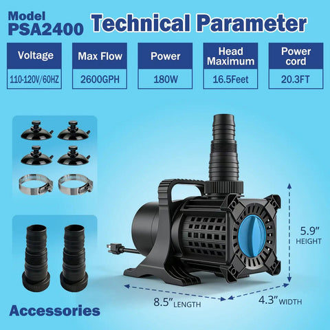 UL Listed 325W 5100GPH High Flow Adjustable Pond Pump Submersible Inline For Koi Ponds Cascades Waterfalls And Drainage