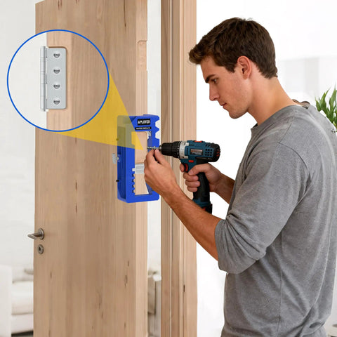Man using Adjustable Door Hinge Jig And Router Template For 3 To 5 Inch Hinges on wooden door for precise mortises.