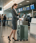 Woman in business attire with dark green All Aluminum Carry On Luggage Airline Approved 20 Inch Hardside Spinner with USB Charger TSA Lock.