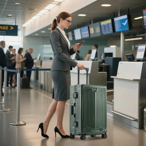 Woman in business attire with dark green All Aluminum Carry On Luggage Airline Approved 20 Inch Hardside Spinner with USB Charger TSA Lock.