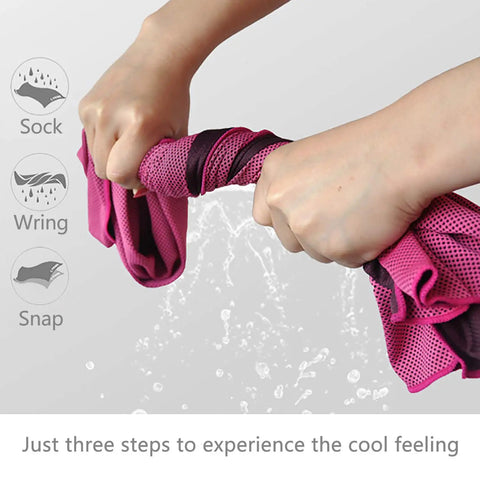 Hands wringing a pink 4 Pack Ice Cooling Towels 40x12 Inches For Neck And Face Ultra Soft Microfiber Chilly Towel, water dripping.