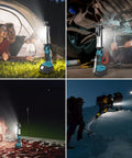Collage showing 2000 Lumen LED Work Light With 25W Flood Beam used in camping, car repairs, night fishing, and emergency snow rescue