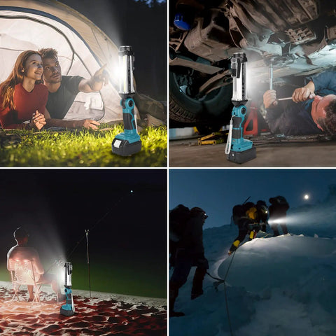 Collage showing 2000 Lumen LED Work Light With 25W Flood Beam used in camping, car repairs, night fishing, and emergency snow rescue