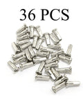 36 Piece MTB Spoke Nipples, 12mm Length, 14G 2mm Diameter, Silver Carbon Steel, Rust Resistant, scattered on surface