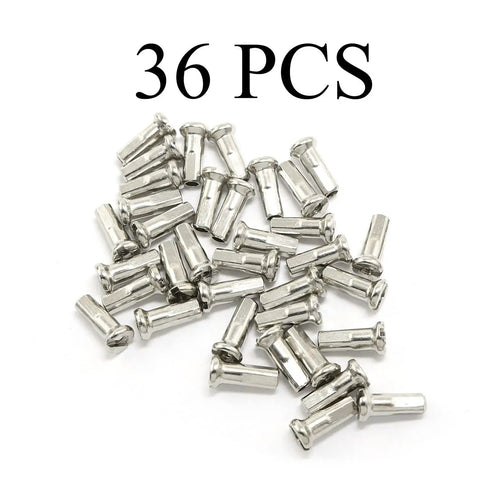 36 Piece MTB Spoke Nipples, 12mm Length, 14G 2mm Diameter, Silver Carbon Steel, Rust Resistant, scattered on surface