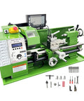Techtongda Mini Metal Lathe 8X16 inch Benchtop Turning Machine With 1100W Motor Auto Feed and Metric Imperial Conversion, green with tools