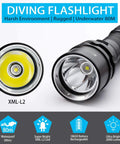 Close-up of Beast Mode 2000 Lumen Scuba Diving Flashlight with XM-L2 LED, showing LED and lens details for night ocean dives.