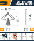 Diagram showing dimensions and installation steps for grey butterfly drywall anchors and screws from the Drywall Anchor Kit With Screws 120 Piece Hollow Wall Set Including Grey Butterfly Anchors White Butterfly Anchors Self Drilling Anchors And 60 Screws For Hanging Shelves Pictures Cabinets And Other Wall Decor On Drywall.