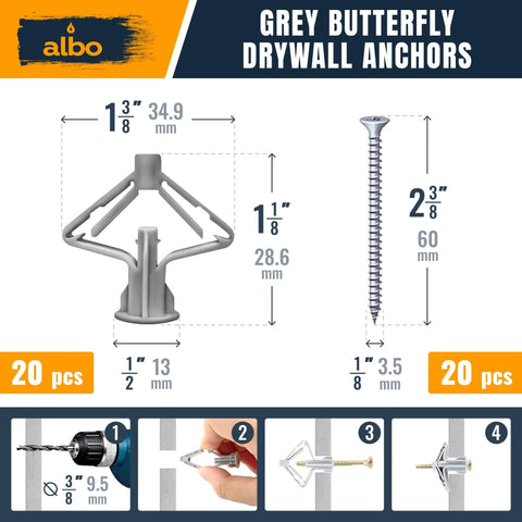 Diagram showing dimensions and installation steps for grey butterfly drywall anchors and screws from the Drywall Anchor Kit With Screws 120 Piece Hollow Wall Set Including Grey Butterfly Anchors White Butterfly Anchors Self Drilling Anchors And 60 Screws For Hanging Shelves Pictures Cabinets And Other Wall Decor On Drywall.
