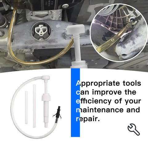 Heavy Duty Transmission Fluid Transfer Pump Kit Featuring Extended Clear Hose And Swivel Tip For Hassle Free Differential Gear Oil Change On Hot Rods Trucks And Marine Rigs Zero Sweat Design White, showing pump in use.