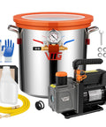 VTG 5-gallon stainless steel vacuum chamber with 4.5 CFM pump and kit of hoses, gloves, and fittings, front view