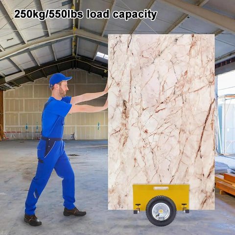 Heavy Duty Panel Dolly Cart With Adjustable Drywall Mover Design Smooth Eight Inch Rollers For Hauling Sheetrock Panels And Heavy Doors Without Breaking A Sweat. Worker using dolly cart with marble panel.