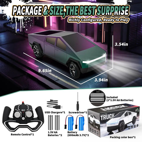 Rad All Terrain RC Pickup Truck With LED Lights And Load Space, Blazing Fast Electric Remote Control Car Toy For Kids And Adults, Color Change Green Purple, Great Birthday Gift, shown with package and accessories.