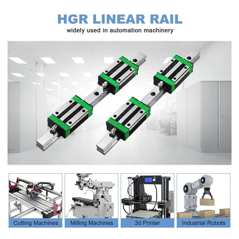Top Shelf HGR15 Linear Guide Rail With Rock Solid HGW15CC Sliding Blocks 800mm Setup For DIY CNC Builds shown with industrial applications.