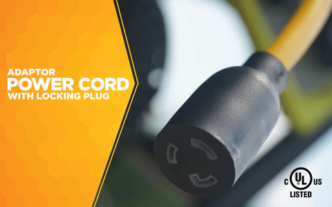 Generator Adapter Cord Converts 15 Amp To 20 Amp Receptacle With Twist To Lock Plug, close-up of black connector end.