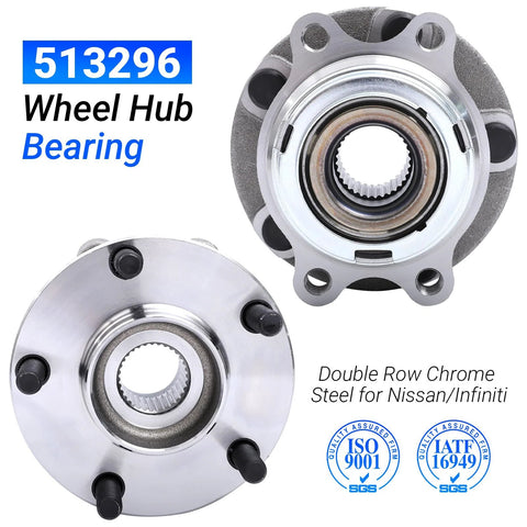 2 Pack Front Wheel Bearing And Hub Assembly Double Row Chrome Steel Fits 32 Spline Hubs For Popular Sedans And SUVs ISO IATF Certified Beefed Up Chrome Steel Build With Dual Seal Protection For Long Lasting Durability, front and top view
