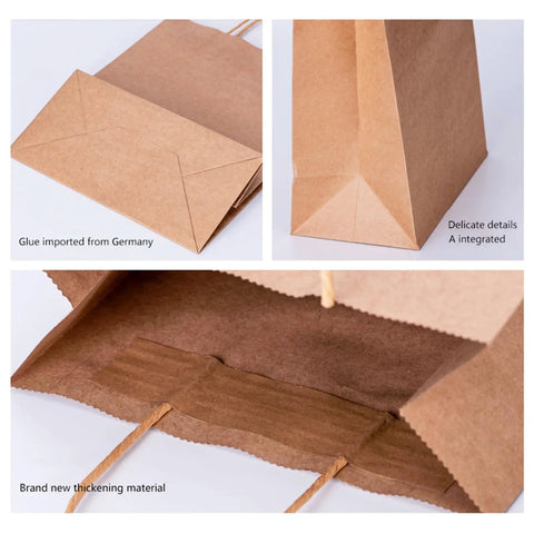 Close-up of Brown Paper Bags With Handles 8x4.25x10.5 Inches Medium Gift Bags Bulk 100 Pack Recycled Kraft Paper Eco Friendly Shopping Bags