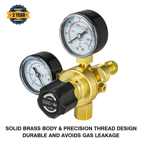 Brass dual-gauge CO2/Argon welding regulator with black knob; CGA580 inlet