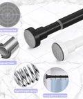 Heavy Duty Adjustable Tension Shower Curtain Rod In Matte Black No Drilling Easy Install Fits 18 To 49 Inches 1 Inch Diameter Anti Slip Strong Hold For Glass Tile Wood No Fuss, with features highlighted on a tiled background.