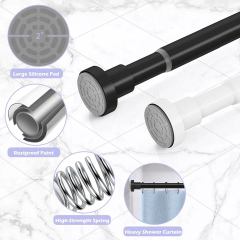 Heavy Duty Adjustable Tension Shower Curtain Rod In Matte Black No Drilling Easy Install Fits 18 To 49 Inches 1 Inch Diameter Anti Slip Strong Hold For Glass Tile Wood No Fuss, with features highlighted on a tiled background.